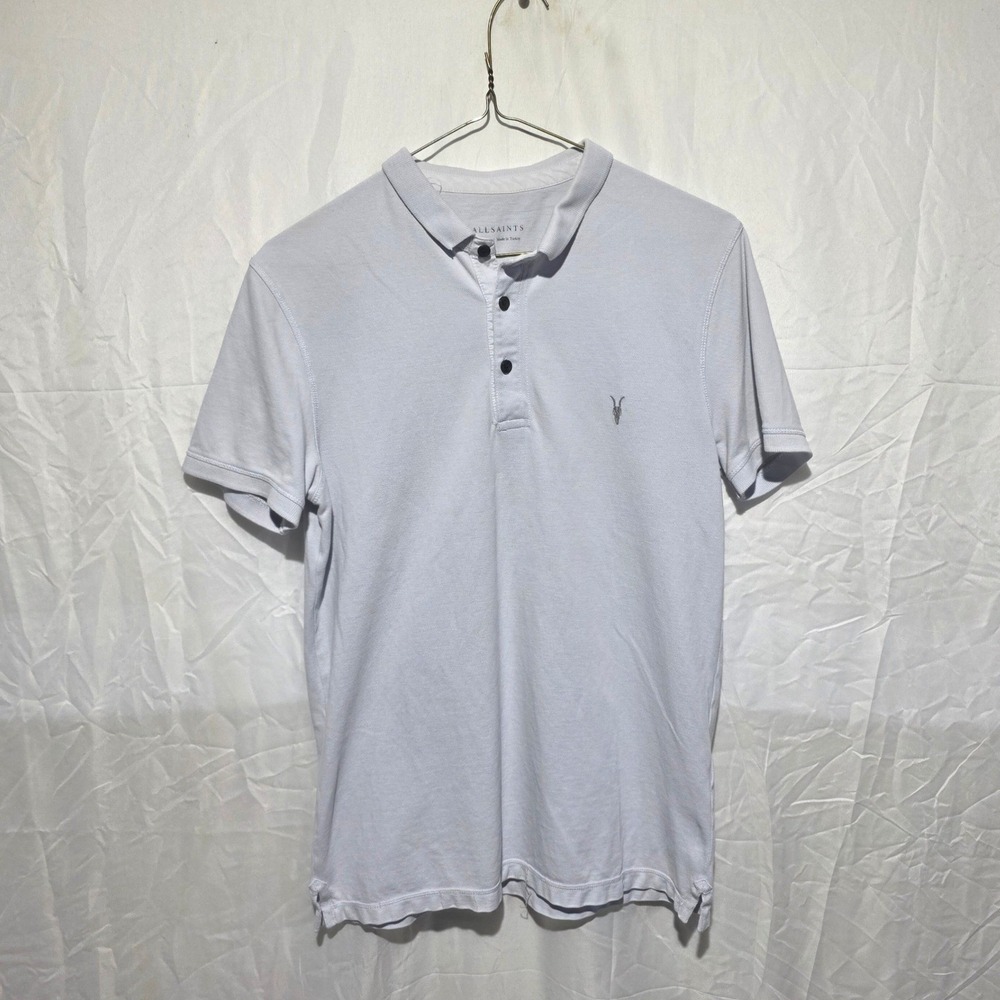 AllSaints Reform SS Polo Shirt Mens Small Light Blue Grey Ramskull MD173W